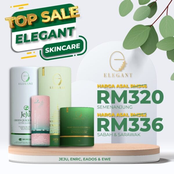 Elegant Kombo Whitening Emulsion, Jeju Cleanser, Night Recovery Cream & Age Defiance Oilet Serum (EWE+EJC+ENRC+EADOS)