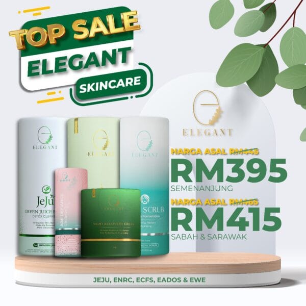 Elegant Kombo Whitening Emulsion, Jeju Cleanser, Night Recovery Cream, Cellulose Face Scrub & Age Defiance Oilet Serum (EWE+EJC+ENRC+ECFS+EADOS)